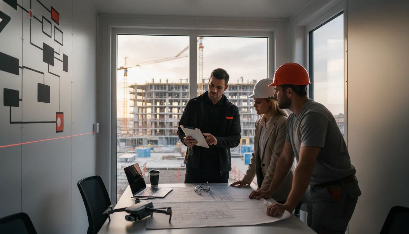 Équipe BTP utilisant des outils IA sur un chantier de construction