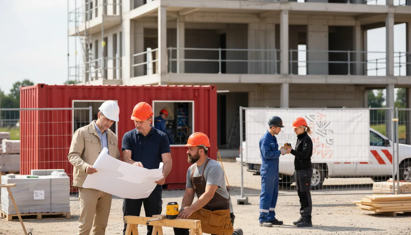 Équipe d'artisans BTP consultant les plans sur un chantier de construction